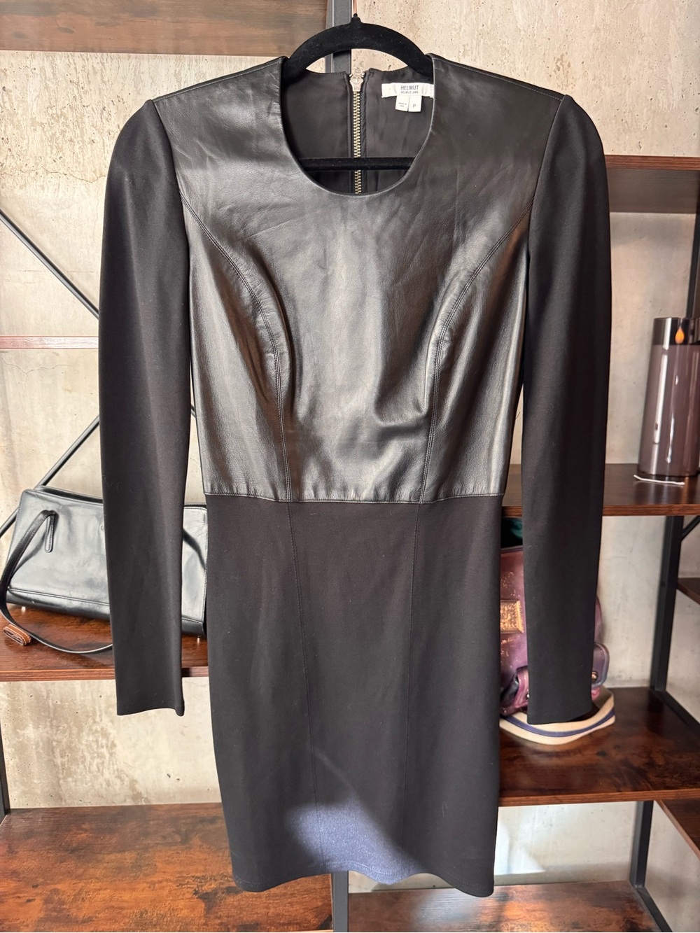 Helmut Lang Y2K Black Genuine Leather Paneled Long Sleeve Mini Dress - SIZE XXS